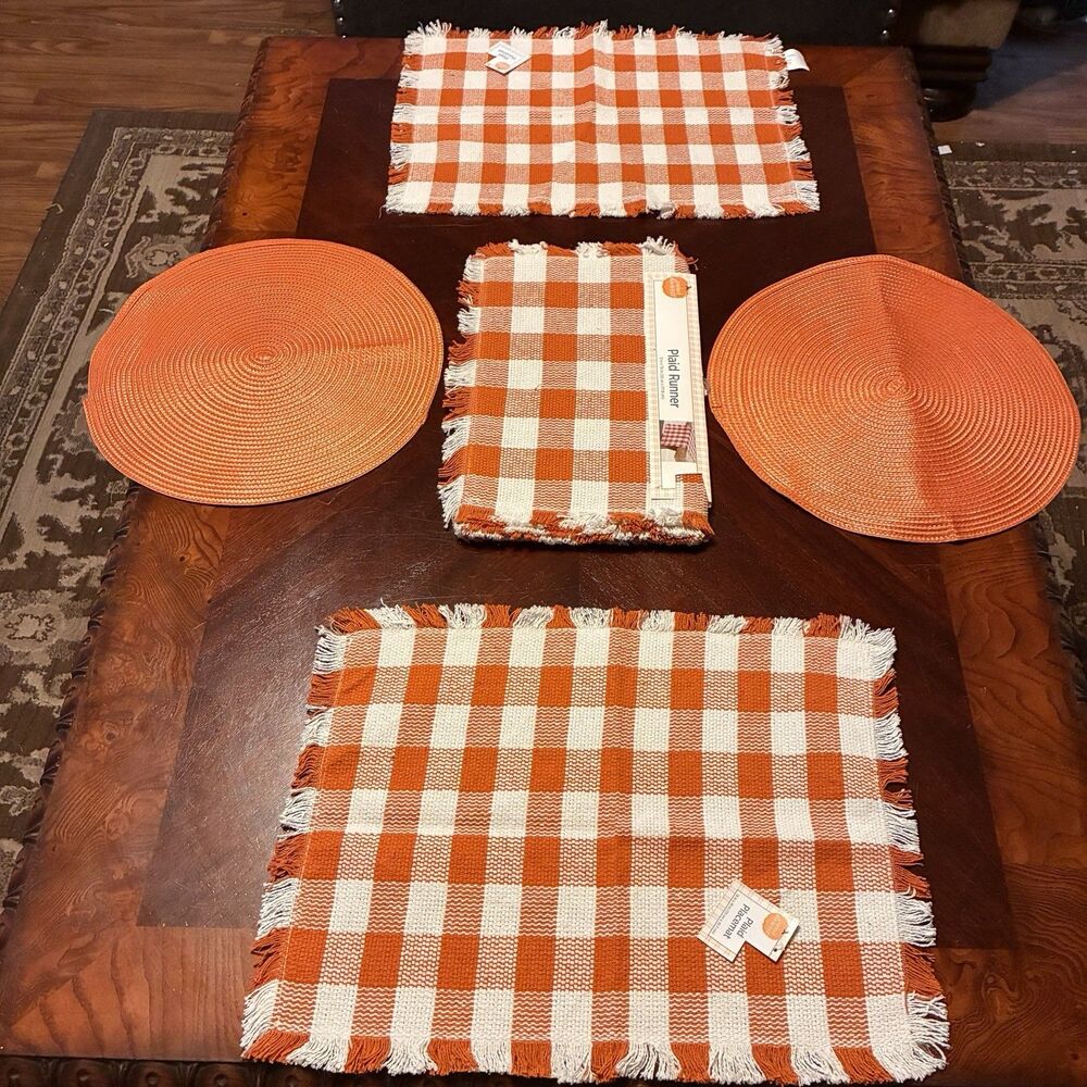Fall Orange And White Table Runner W/ Matching Placemats: 2 Solid 2 Checked NEW
